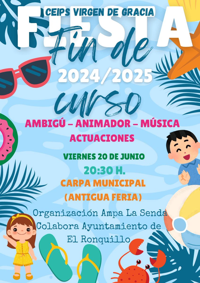 AMPA La Senda informa:
𝙁𝙄𝙀𝙎𝙏𝘼 𝙁𝙄𝙉 𝘿𝙀 𝘾𝙐𝙍𝙎𝙊🎉 
🗓️Este viernes, 20 de junio, a partir de las 20:30 h en la Carpa Municipal.
Habrá servicio de 𝙖𝙢𝙗𝙞𝙜𝙪́, 𝙖𝙣𝙞𝙢𝙖𝙙𝙤𝙧, 𝙢𝙪́𝙨𝙞𝙘𝙖 𝙮 𝙖𝙘𝙩𝙪𝙖𝙘𝙞𝙤𝙣𝙚𝙨🎵.
¡Te esperamos🫵!