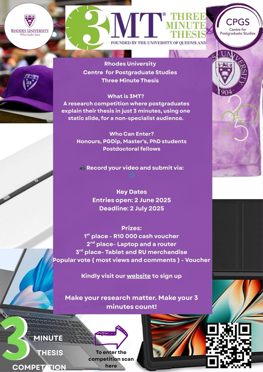 Think you can explain your research in 3 minutes?

Enter #3MT at Rhodes University &amp; win:

🥇 R10,000 voucher
🥈 Laptop + router
🥉 Tablet + RU merch
🎥 Popular vote: Voucher
Open to Honours, Master’s, PhD &amp; Postdocs!
Enter: forms.gle/YAt6n3jCpATqBJ…
#RU3MT #ResearchMatters