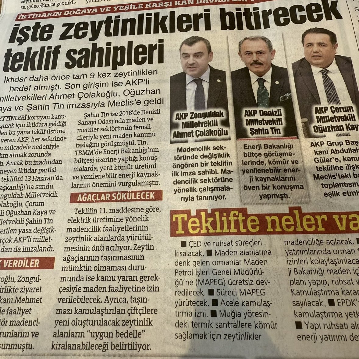 Zeytin yasası değil; talan yasası! Çünkü talancıların yasası! 

AKP'nin zeytinlik alanları yok edecek kanun teklifinde imzası olanlardan bazıları: Ahlatçı Holding’in patronu Ahmet Ahlatçı’nın yeğeni, AKP Çorum Milletvekili Yusuf Ahlatçı. Sudan’da altın keşfine çıkan AKP Denizli