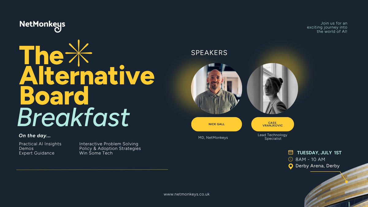 We’re excited to be speaking at The Alternative Board Breakfast on Tuesday, July 1st. An exclusive, invite-only breakfast gathering of forward-thinking business leaders.

We’ll be helping attendees explore how AI can be used practically to improve day-to-day business operations.