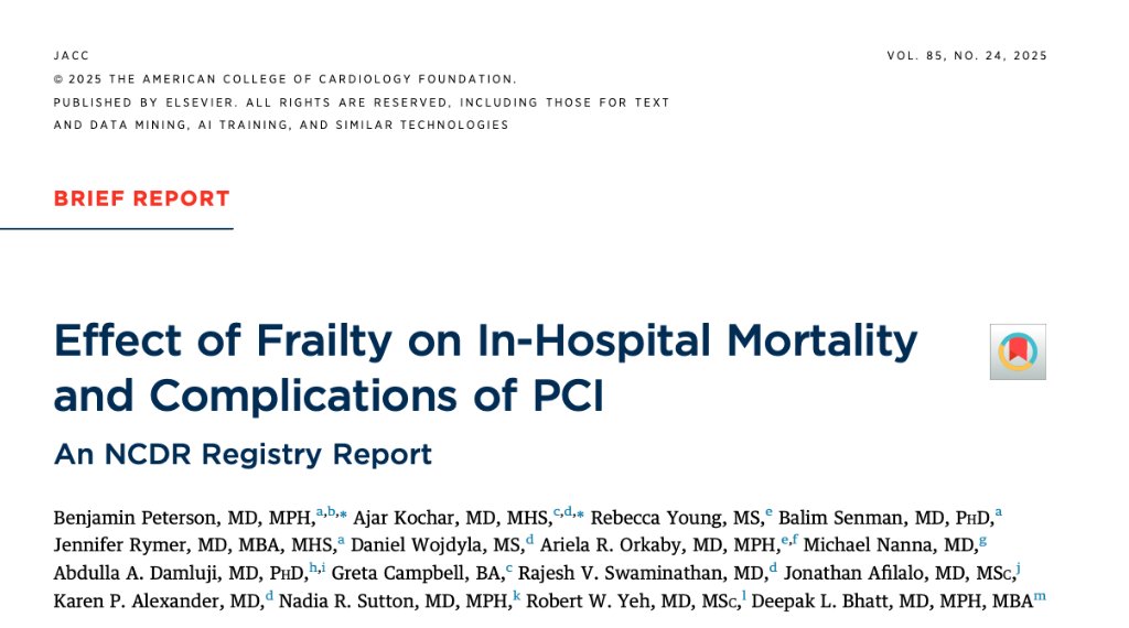 Abdulla A. Damluji, MD, PhD (@drdamluji) on Twitter photo Effect of Frailty on In-Hospital Mortality and Complications of PCI: An NCDR Registry Report: <a href="/JACCJournals/">JACC Journals</a>
🥸 Great work by my friend <a href="/Ajar_Kochar/">Ajar Kochar</a> and team: <a href="/DLBHATTMD/">Dr. Deepak L. Bhatt</a>
😱 Frailty in NCDR
👇👇👇 Effect of Frailty on In-Hospital Mortality and Complications of PCI: An NCDR Registry Report: <a href="/JACCJournals/">JACC Journals</a>
🥸 Great work by my friend <a href="/Ajar_Kochar/">Ajar Kochar</a> and team: <a href="/DLBHATTMD/">Dr. Deepak L. Bhatt</a>
😱 Frailty in NCDR
👇👇👇