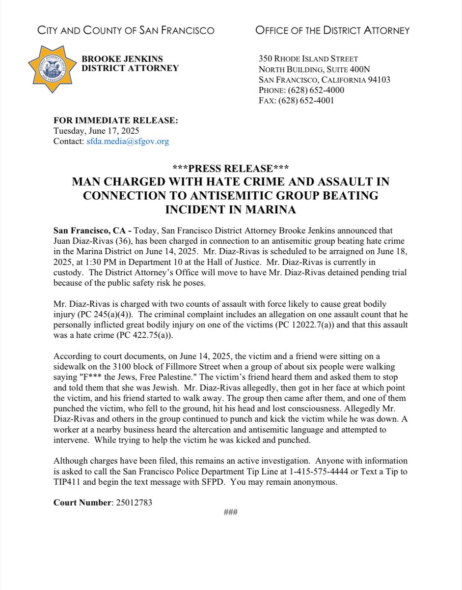 San Francisco: DA Brooke Jenkins has charged Juan Diaz-Rivas after a brutal antisemitic attack in the Marina District.

He shouted “F*** the Jews, Free Palestine,” chased a Jewish woman and her friend, then beat the man unconscious while others joined in.

This is an epidemic.