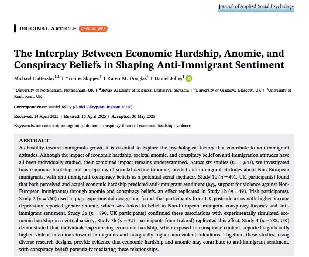 DrDanielJolley's tweet image. New paper out:
Across 6 studies with diverse methods (correlation, quasi-experimental and experimental), we find that economic hardship and anomie may fuel anti-immigrant sentiment, and conspiracy beliefs may be a key piece of the puzzle.
Full paper here onlinelibrary.wiley.com/doi/10.1111/ja…