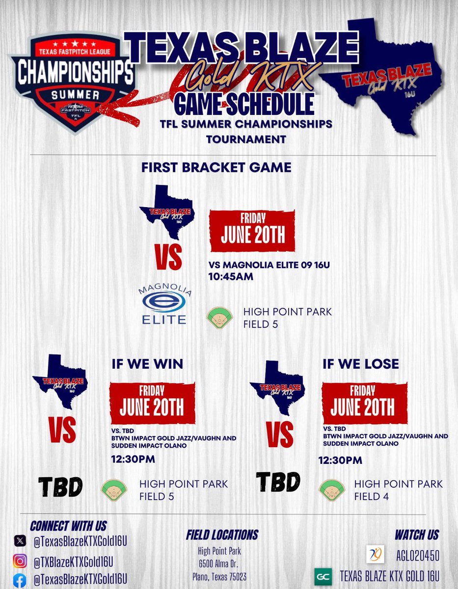 Taylor Akin 2027 (@taylorakin2027) on Twitter photo Come check <a href="/BlazeKTXGold16U/">TexasBlazeKTXGold16U</a> out this weekend in Plano. First game tomorrow at 10:45 at High Point Park. <a href="/_LEXsoftball/">Lexington High School Softball</a> <a href="/BlazeFastpitch/">Texas Blaze</a> <a href="/C_robertson10/">Cory Robertson</a> <a href="/CoachMara327/">Mara Heidemann Bonilla</a> Come check <a href="/BlazeKTXGold16U/">TexasBlazeKTXGold16U</a> out this weekend in Plano. First game tomorrow at 10:45 at High Point Park. <a href="/_LEXsoftball/">Lexington High School Softball</a> <a href="/BlazeFastpitch/">Texas Blaze</a> <a href="/C_robertson10/">Cory Robertson</a> <a href="/CoachMara327/">Mara Heidemann Bonilla</a>
