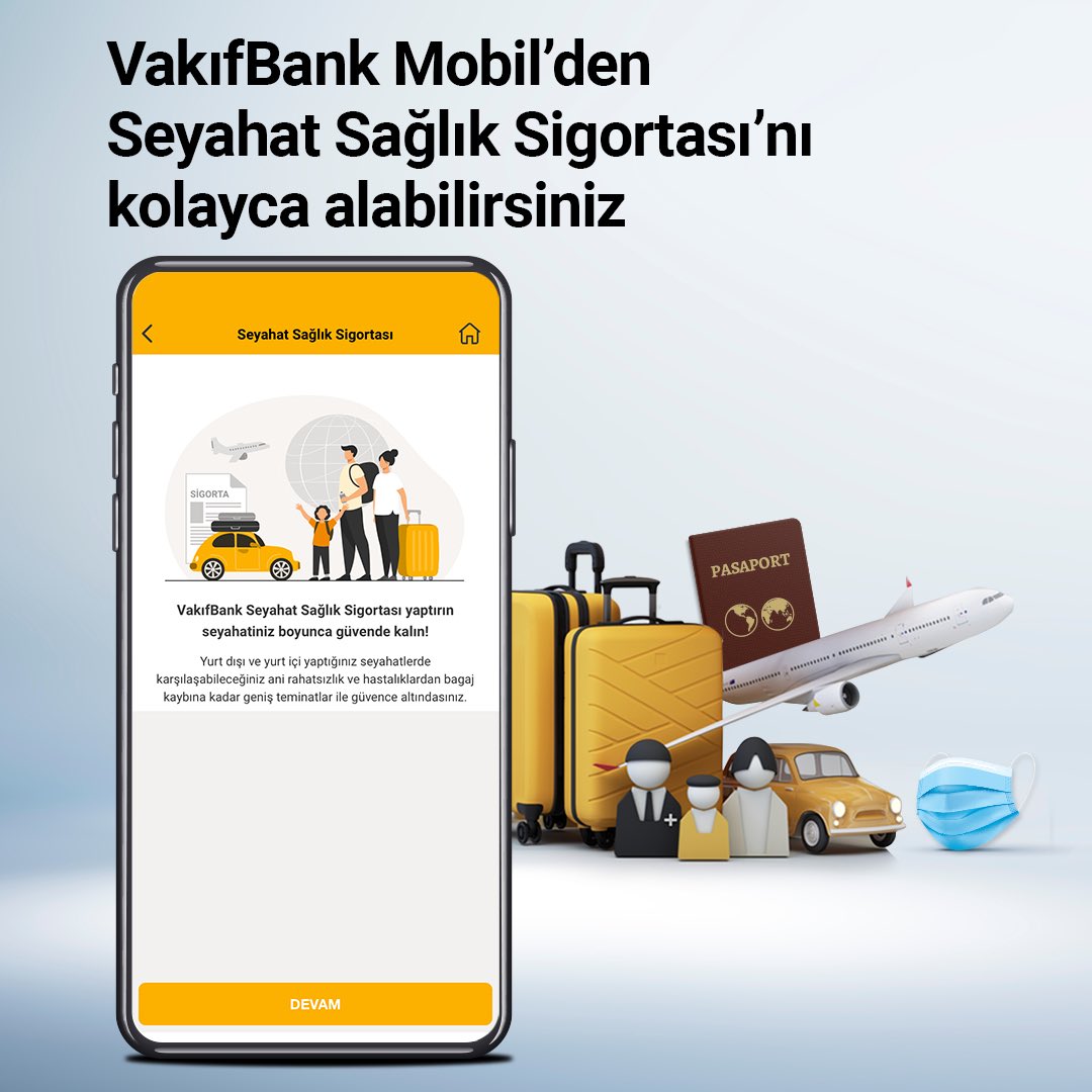 VakıfBank Seyahat Sağlık Sigortası ile tedavi giderlerinden ilaç masraflarına kadar birçok sağlık riskine karşı önlem alabilir, yolculuklarınızı güvenle gerçekleştirebilirsiniz. Detaylı bilgi için vakifbank.com.tr sitemizi ziyaret edebilirsiniz. #DaimaSeninle