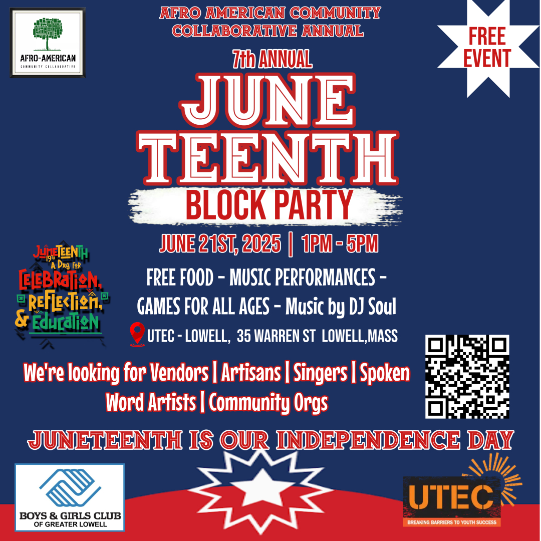 UTEC (@utec_inc) on Twitter photo Join us to honor freedom, resilience, and Black joy at a FREE Juneteenth Block Party hosted by <a href="/unitycollab978/">Afro-American Community Collaborative</a> 🎉
Saturday, 6/21 from 1-5 PM
35 Warren St, Lowell
Music, food, & celebration featuring UTEC’s Breaking Barriers Kitchen food truck!
#Juneteenth #blockparty #Lowell Join us to honor freedom, resilience, and Black joy at a FREE Juneteenth Block Party hosted by <a href="/unitycollab978/">Afro-American Community Collaborative</a> 🎉
Saturday, 6/21 from 1-5 PM
35 Warren St, Lowell
Music, food, & celebration featuring UTEC’s Breaking Barriers Kitchen food truck!
#Juneteenth #blockparty #Lowell