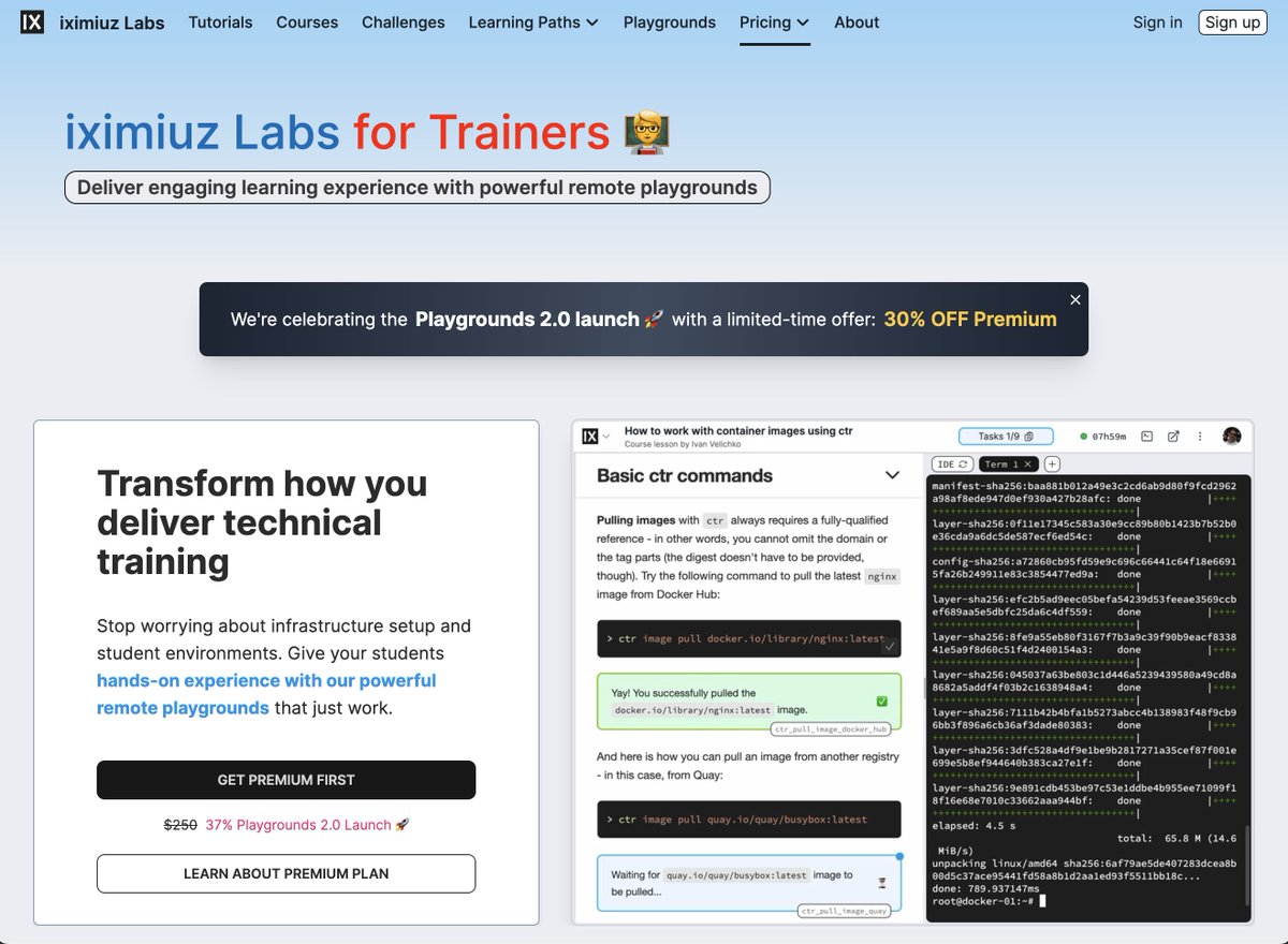 Reminder for folks teaching their craft - iximiuz Labs is a good choice to host your learning materials and provide students with interactive environments for practicing Linux, containers, and Kubernetes.

And this week, you can sign up for the trainer plan with a nice discount!