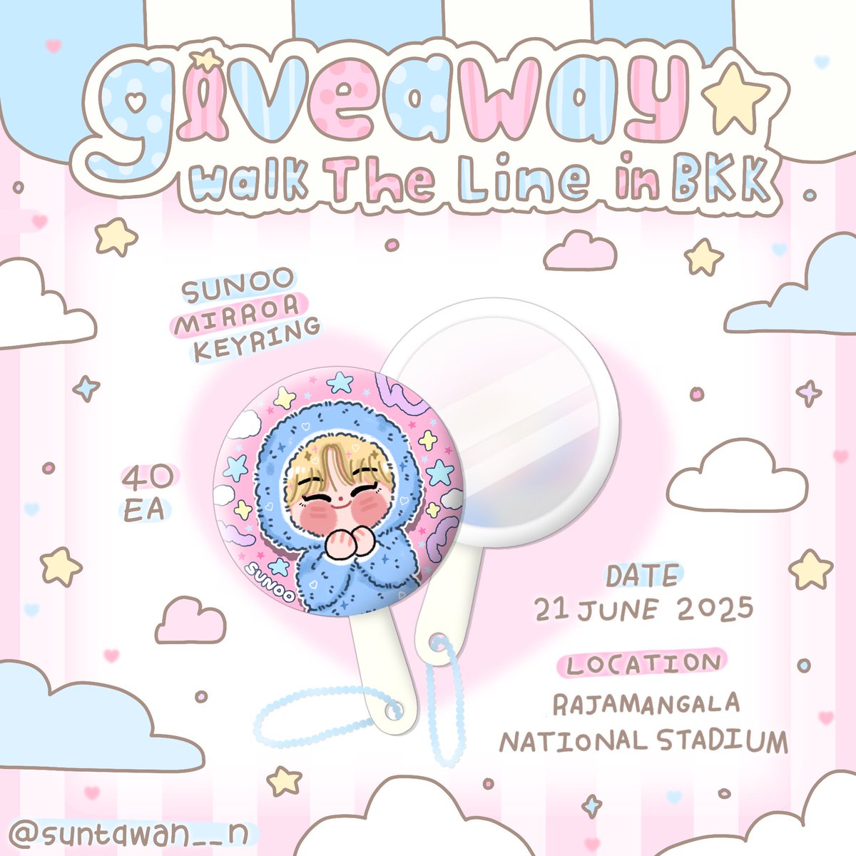 𐙚Pls kindly rt🎀
♡˚ ༘ Giveaway for Engene ♡˚ ༘
#WALKTHELINE_IN_BANGKOK 

🍭🪞Sunoo Mirror Keyring 40set 🪞🍭

🗓️: 21 June 2025
⏰: tba 
📌: Rajamangala National Stadium

ଓ Rt&amp;show this tweet ଓ

#WALK_THE_LINE_IN_BKK
#WALK_THE_LINE_IN_BANGKOK
#EN_WORLDTOUR_WALKTHELINE