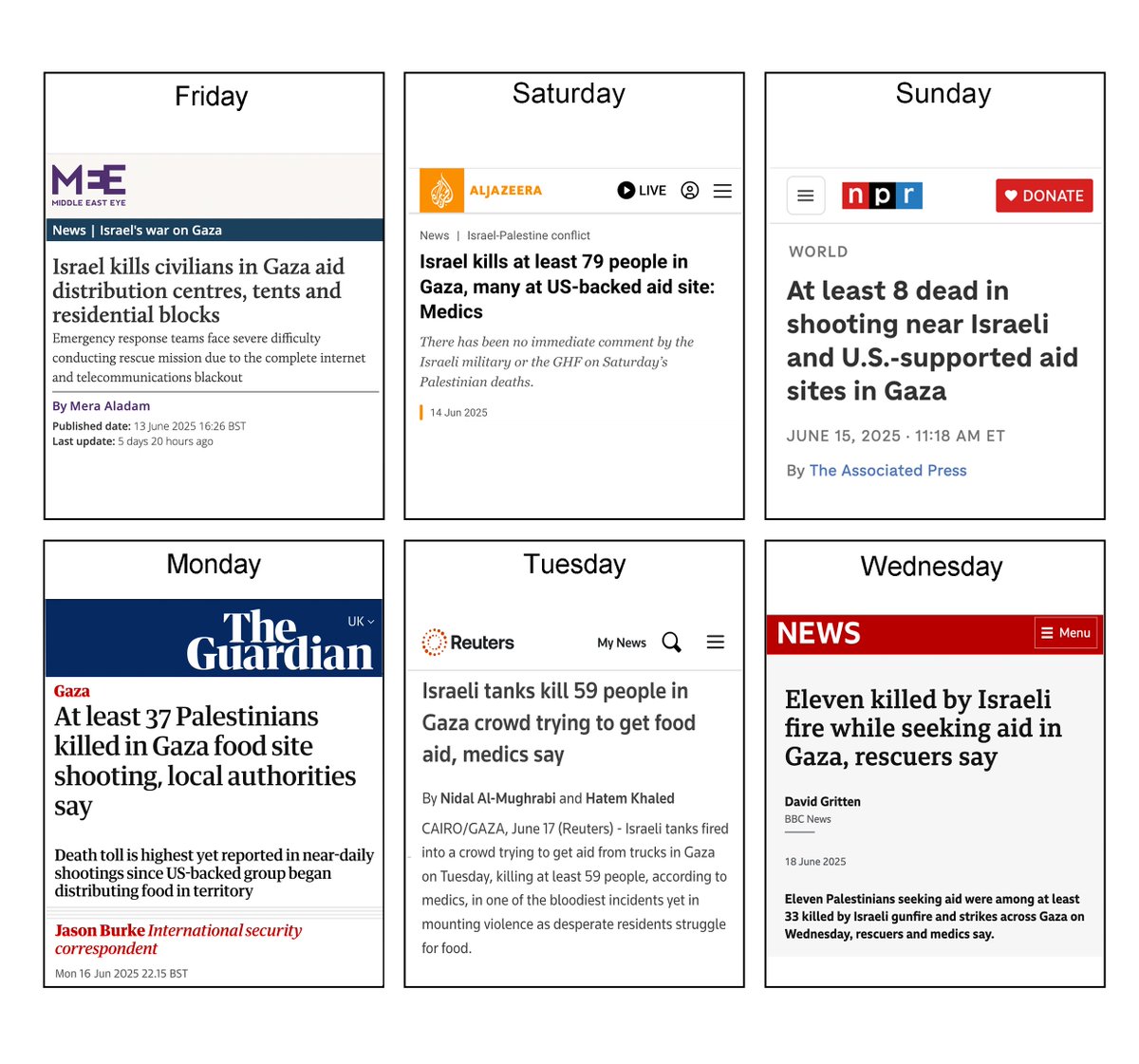 The past week:

Massacres committed every single day at the US-Israeli 'Gaza Humanitarian Foundation' (GHF) sites.  

The operations of the GHF are not humanitarian. They are illegitimate and inhumane.