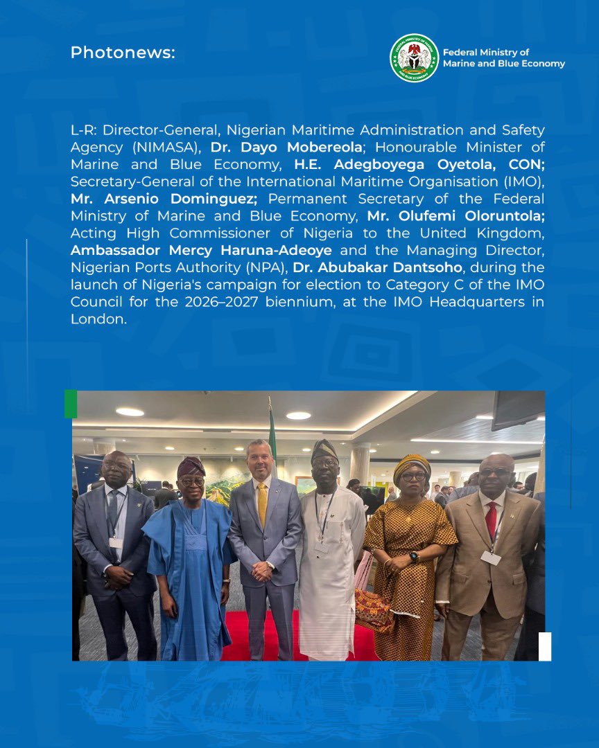 Adegboyega Oyetola (@gboyegaoyetola) on Twitter photo I had the honour of launching Nigeria’s IMO Council (Category C) re-election campaign, reaffirming our commitment to inclusive, secure, and sustainable shipping. I also conveyed warm regards from H.E. President Bola Ahmed Tinubu GCFR <a href="/officialABAT/">Bola Ahmed Tinubu</a> I had the honour of launching Nigeria’s IMO Council (Category C) re-election campaign, reaffirming our commitment to inclusive, secure, and sustainable shipping. I also conveyed warm regards from H.E. President Bola Ahmed Tinubu GCFR <a href="/officialABAT/">Bola Ahmed Tinubu</a>