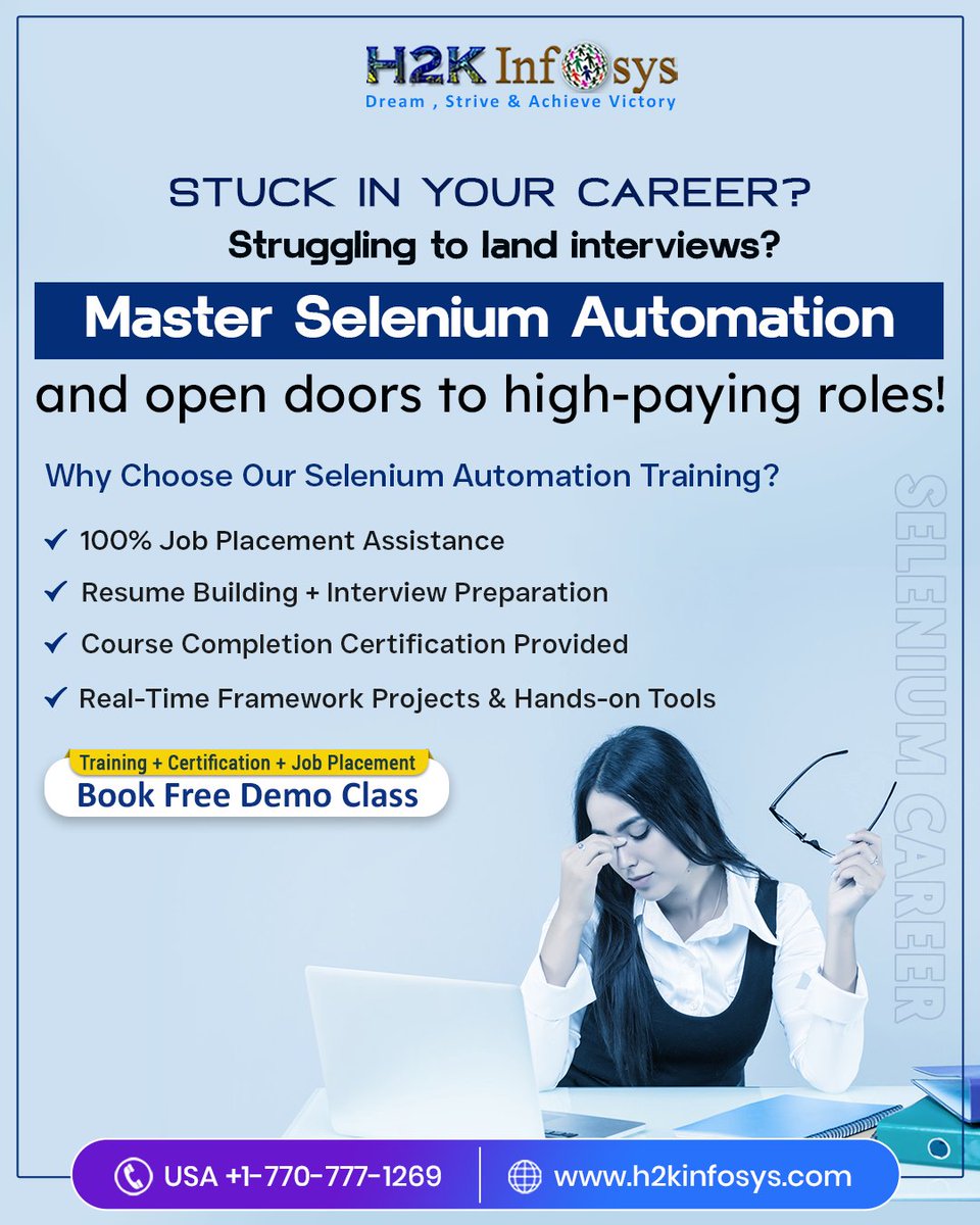h2kinfosys's tweet image. 🚨 Stuck in your tech job hunt?
Master Selenium Automation and unlock top-paying roles!
🎯 FREE Live Demo Session Today!
✅ Job Placement Support
✅ Resume + Interview Prep
👉 h2kinfosys.com/courses/seleni…
📞 +1 770-777-1269
#SeleniumTraining #AutomationTesting #Job #JobReadySkills