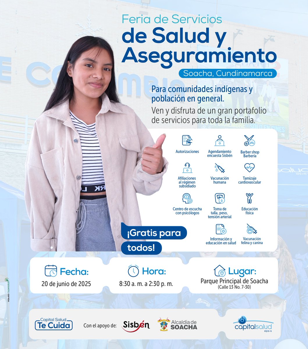 Capitalsalud's tweet photo. 📢#Atención #SoachaEste viernes te llevamos un gran portafolio de servicios para toda la familia. Acude a la Plaza Principal de Soacha y participa de la feria de servicios de salud y aseguramiento de Capital Salud. #EsGratis #CapitalSaludTeCuida✅ https://t.co/hmHOdGUtHz