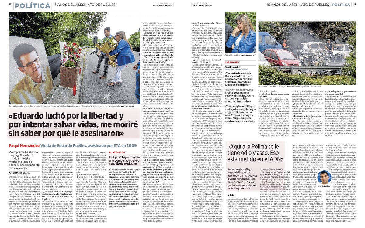 ConsuorF's tweet photo. #TalDíaComoHoy de 2009 #ETA quemó vivo al @policia Eduardo Puelles. Le colocaron una bomba-lapa adosada al depósito de gasolina. Murió pidiendo auxilio sin que nadie pudiera prestárselo por la intensidad de las llamas.

Lee a su viuda Paqui en este reportaje.

Esto era ETA 🧵 https://t.co/y3zxHSvHv8