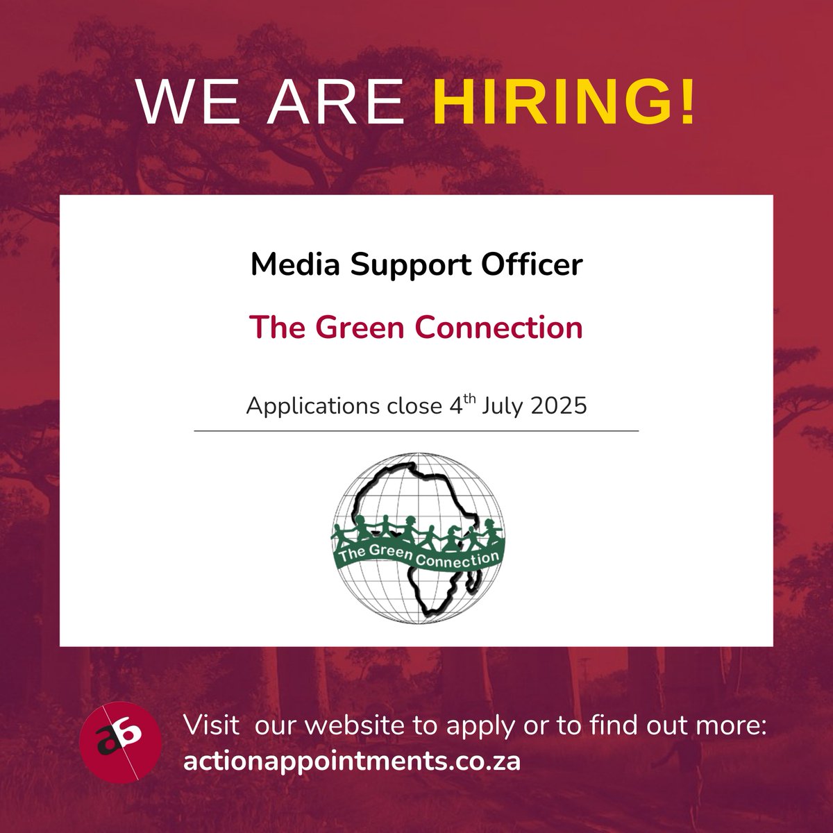 Action Appointments (@actionappntmnts) on Twitter photo VACANCY! Action Appointments is recruiting a Media Support Officer for <a href="/TheGreenConnect/">The Green Connection</a>, based in Cape Town, South Africa.
For more information, visit the link below:
actionappointments.co.za/vacancies/the-…
#Hiring #SocialMediaJobs #Communications #ClimateJustice #TheGreenConnection #CapeTown VACANCY! Action Appointments is recruiting a Media Support Officer for <a href="/TheGreenConnect/">The Green Connection</a>, based in Cape Town, South Africa.
For more information, visit the link below:
actionappointments.co.za/vacancies/the-…
#Hiring #SocialMediaJobs #Communications #ClimateJustice #TheGreenConnection #CapeTown