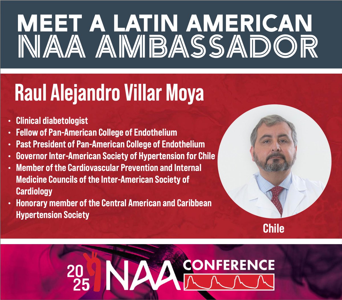 NAASociety's tweet image. 🌟Excited to welcome Dr. Raul Alejandro Villar Moya to NAA as our Latin American Ambassador from Chile!
Joining our growing network to promote collaboration in arterial health across the Americas.
@SIAC_cardio
#NAArtery #ChileToNAA #CardiovascularHealth #GlobalCollaboration