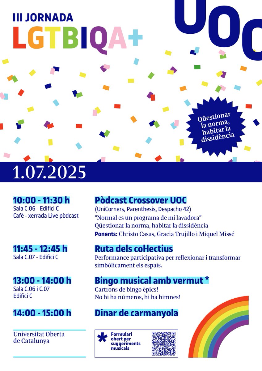 III Jornada LGTBIQA+🌈
Una jornada per a qüestionar la norma i habitar la dissidència💥
📅 1 de juliol 
 📍 Edifici C, Sala C.06 – Campus UOC (22@)
Inscriu-te aquí:
tinyurl.com/rzayr4fj