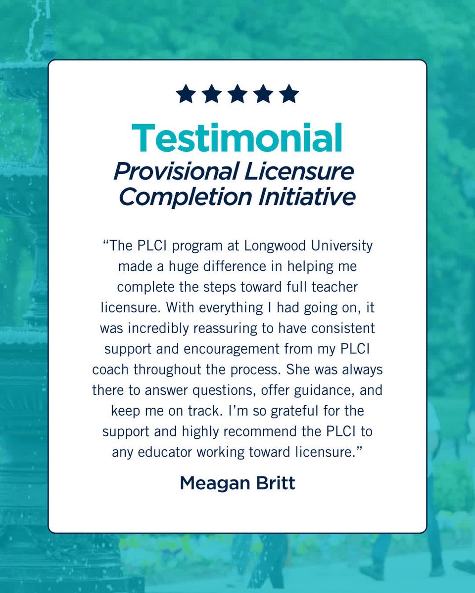 LongwoodCGPS's tweet image. Feeling supported makes all the difference, and our Provisional Licensure Completion Initiative helped this educator crush their licensure goals! Want to learn more? longwoodce.org/licensure/ #longwoodu #lwgradstudies #PLCI