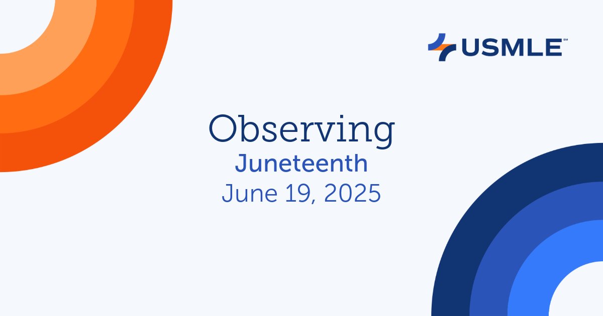 TheUSMLE's tweet image. The USMLE offices are closed today in observance of Juneteenth and will reopen tomorrow, June 20.