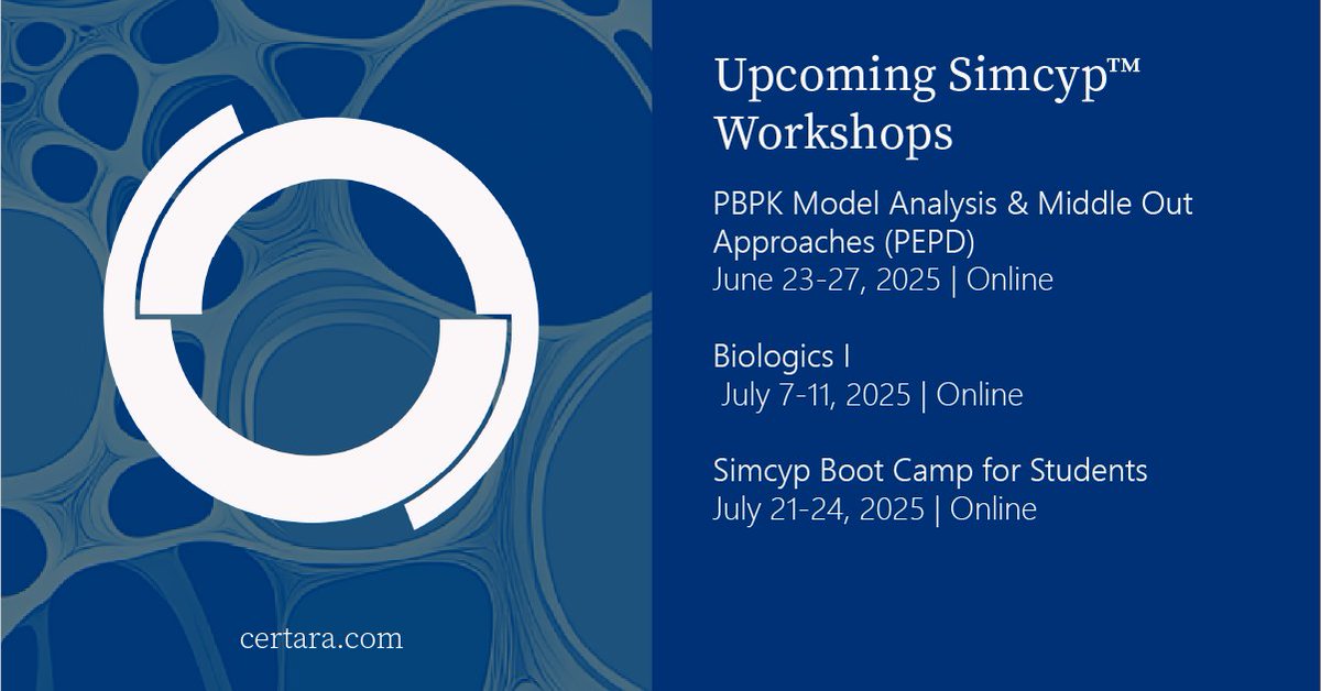 Learn and Grow this Summer with Simcyp Workshops

Upcoming sessions:
- PBPK &amp; Middle-Out (June 23–27)
-  Biologics 1 (July 7–11)
-  Boot Camp for Students (July 21–24)

Browse all upcoming workshops: 
👉 certara.com/training/simcy…
#PBPK #Simcyp #DrugDevelopment