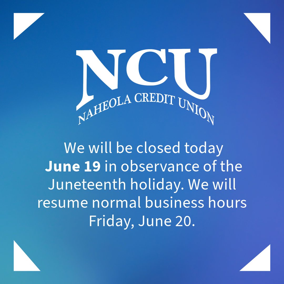 Naheola Credit Union will be closed today in observance of the Juneteenth holiday.  We will resume normal business hours tomorrow, June 20. #NCU #Naheola #NaheolaCreditUnion