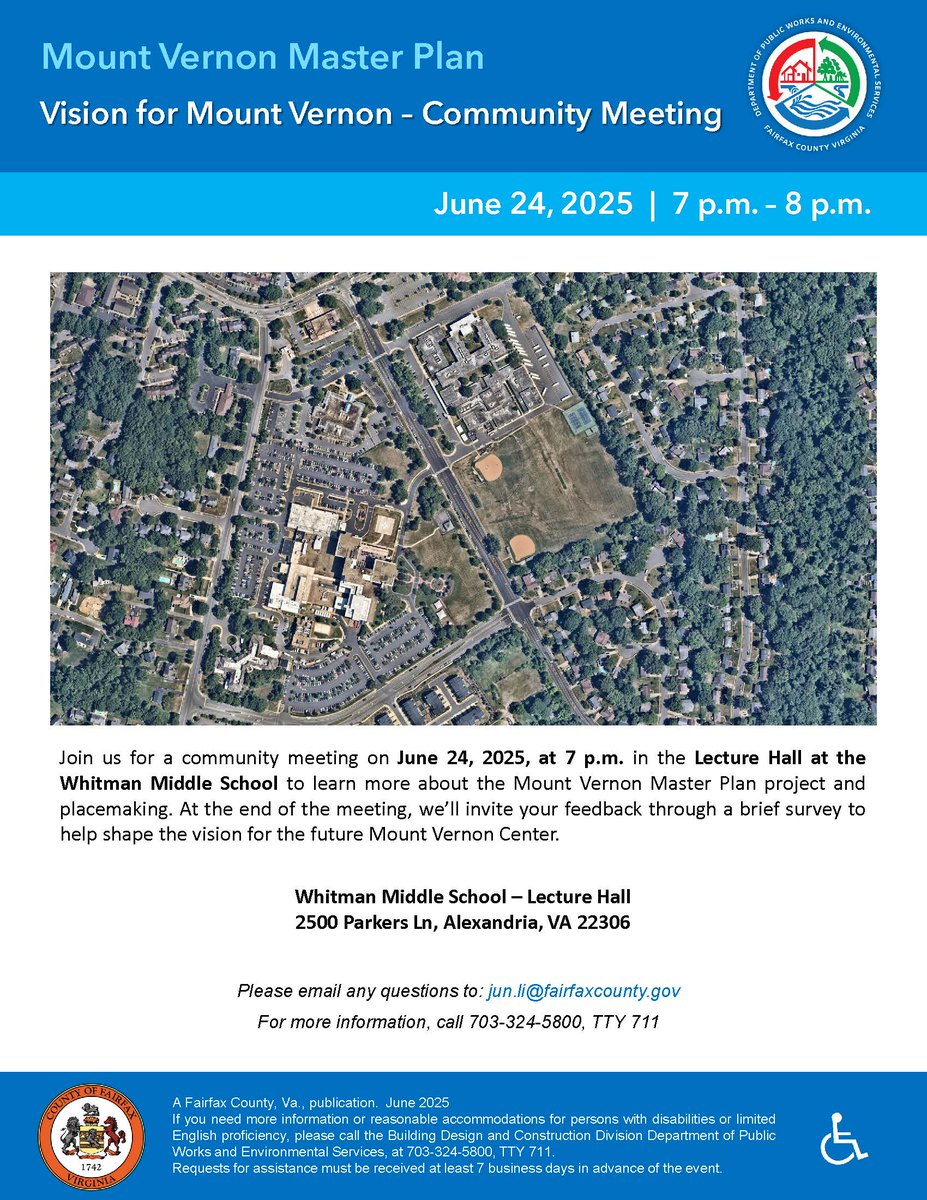 Fairfax County Public Works (@ffxpublicworks) on Twitter photo 📍 Vision for Mount Vernon
🗓️ June 24 | 🕖 7–8 PM
📌 Whitman MS Lecture Hall
Learn about the Mount Vernon Master Plan + share your input to help shape the future. Your voice matters! 🗣️
📞 703-324-5800 | TTY 711
📧 jun.li@fairfaxcounty.gov
#MountVernonVA #FairfaxCounty 🏙️ 📍 Vision for Mount Vernon
🗓️ June 24 | 🕖 7–8 PM
📌 Whitman MS Lecture Hall
Learn about the Mount Vernon Master Plan + share your input to help shape the future. Your voice matters! 🗣️
📞 703-324-5800 | TTY 711
📧 jun.li@fairfaxcounty.gov
#MountVernonVA #FairfaxCounty 🏙️
