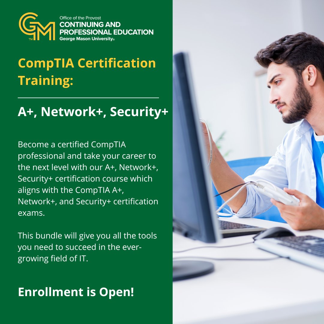 Become a certified CompTIA professional and take your career to the next level! 
Designed to train participants in CompTIA A+, Network+, and Security+ training, our online, self-paced training bundle is available for enrollment year-round. Gain marketable and in-demand IT skills.
