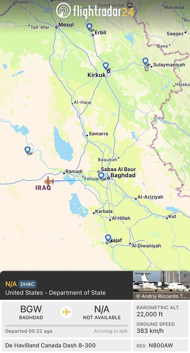 IntelOhiorion's tweet photo. First departure out of Baghdad since Israel started it’s war on Iran, visible on @flightradar24. US State Dept Dash 8 doing it’s usual hop to Amman https://t.co/TRGHRuKa6L