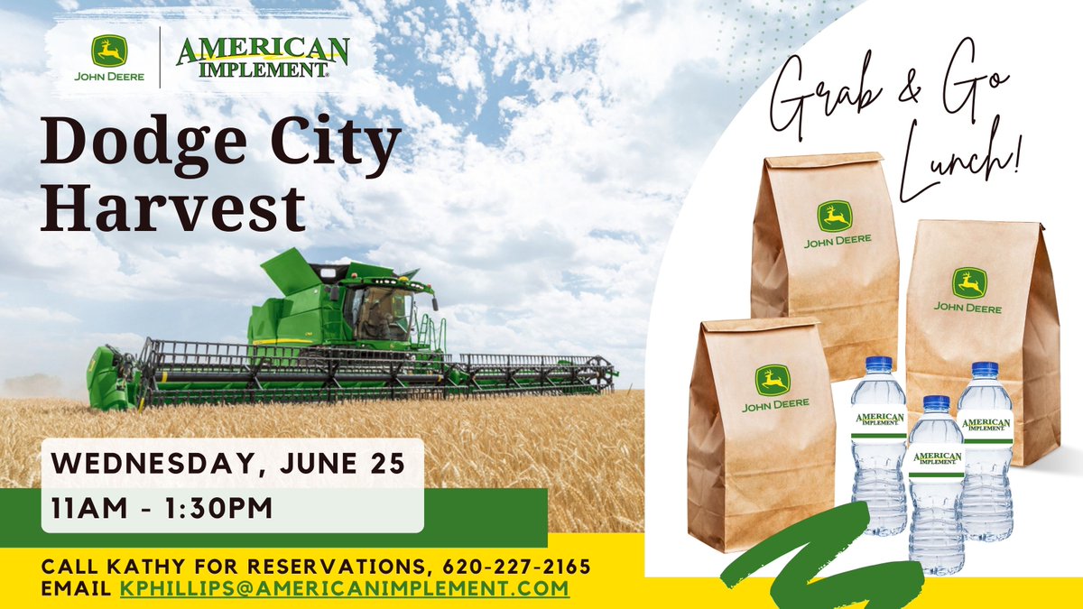 American Implement (@americanimp) on Twitter photo โHarvest Grab & Go Lunchโ at Dodge City American Implement!
๐๐๐ป๐ฒ ๐ฎ๐ฑ | ๐ญ๐ญ:๐ฌ๐ฌ๐ฎ๐บ - ๐ญ:๐ฏ๐ฌ๐ฝ๐บ
Please call Kathy to make your reservations - let her know the # of bags, time, etc.
โ 620-227-2165
๐งkphillips@americanimplement.com
๐๐๐พ
#AmericanImplement #JohnDeere โHarvest Grab & Go Lunchโ at Dodge City American Implement!
๐๐๐ป๐ฒ ๐ฎ๐ฑ | ๐ญ๐ญ:๐ฌ๐ฌ๐ฎ๐บ - ๐ญ:๐ฏ๐ฌ๐ฝ๐บ
Please call Kathy to make your reservations - let her know the # of bags, time, etc.
โ 620-227-2165
๐งkphillips@americanimplement.com
๐๐๐พ
#AmericanImplement #JohnDeere