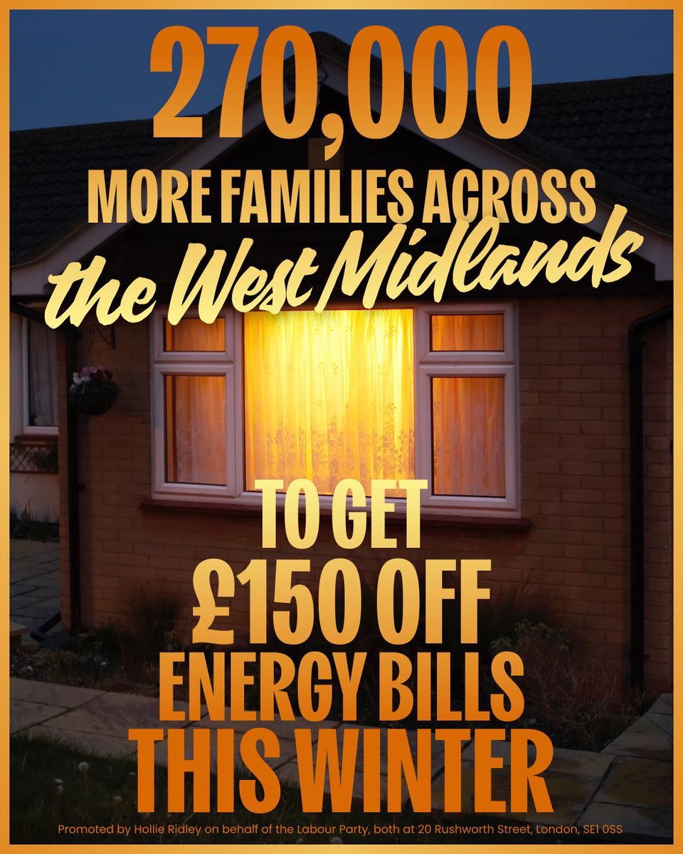 270,000 more families across the West Midlands will receive £150m off their energy bills next winter. Labour is extending the Warm Home Discount to protect more low income households and pensioners. Labour's delivering energy security and putting money back in people’s pockets.