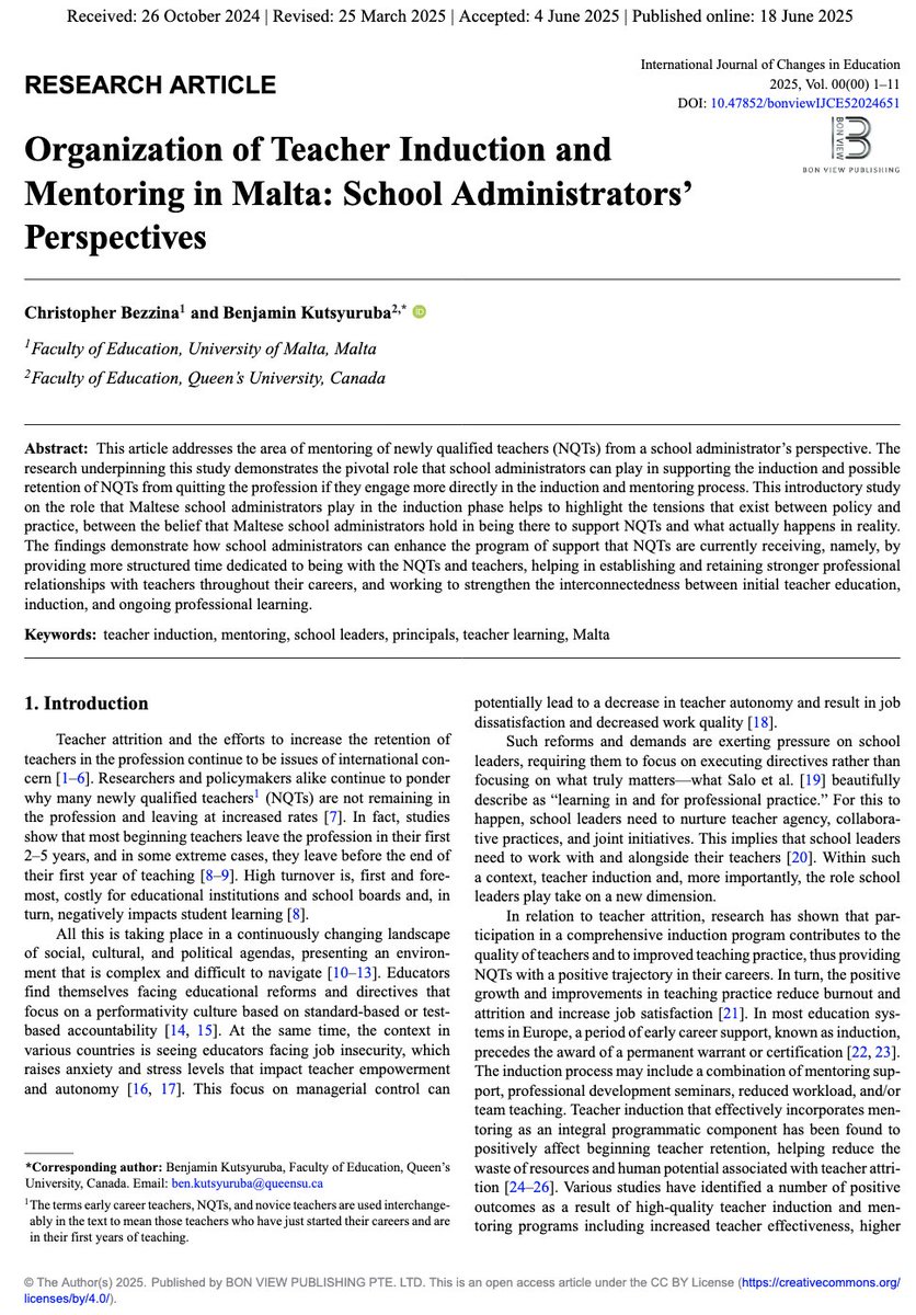 Excited to share out latest research article, "Organization of Teacher Induction and Mentoring in Malta: School Administrators’ Perspectives," with <a href="/ChrisDELLIfoe/">Christopher Bezzina</a> in the International Journal of Changes in Education. doi.org/10.47852/bonvi…