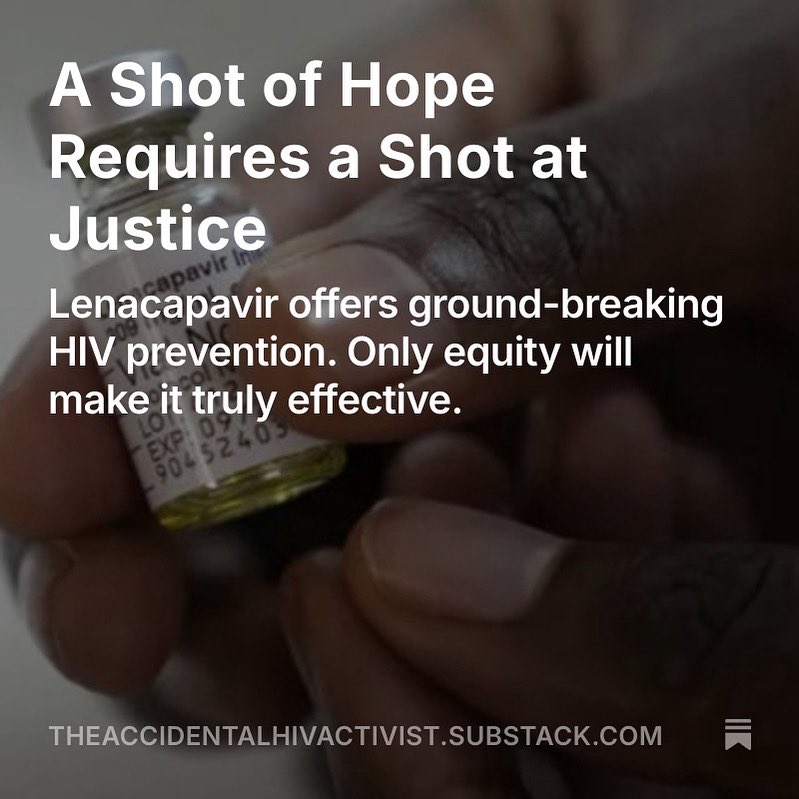 Lenacapavir has been approved as a twice yearly PrEP option. A real breakthrough in HIV prevention. But without access, it means nothing.
Read my latest blog on the need for urgent and equitable rollout.
theaccidentalhivactivist.substack.com/p/a-shot-of-ho…

#HIV #Lenacapavir #UequalsU #HIVPrevention #Access