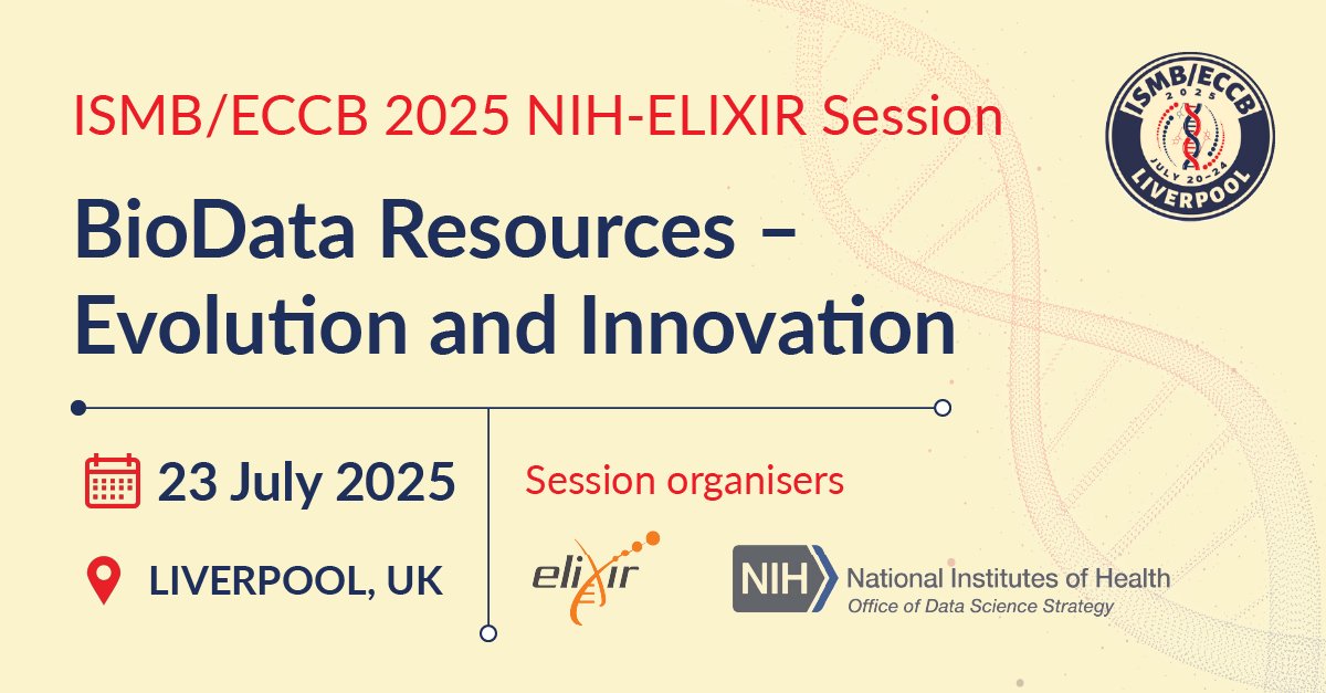 📆 This July, ELIXIR will be at #ISMB_ECCB2025 in Liverpool! 
Join our session on #Biodata resources 🔍 with <a href="/NIHDataScience/">NIH Office of Data Science Strategy</a> and visit the ELIXIR booth at the event to find out more about us.

More information 👉 elixir-europe.org/events/ismb-ec…

<a href="/iscb/">ISCB News</a>
