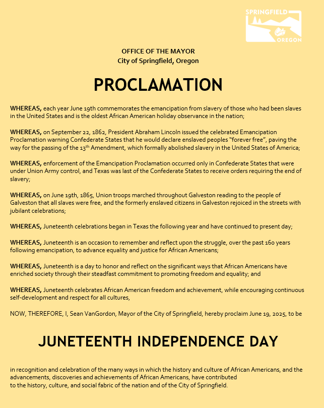 cityspfldoregon's tweet image. Today we recognize Juneteenth Independence Day in Springfield.
Mayor VanGordon has officially proclaimed June 19 as a day to honor the end of slavery and celebrate the contributions and resilience of African Americans. 🖤❤️💚
#Juneteenth #SpringfieldOR #FreedomDay #BlackHistory