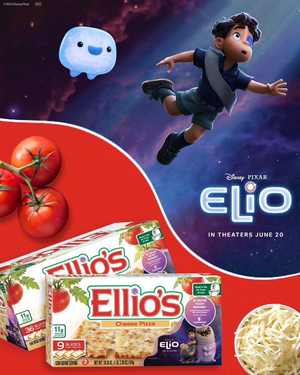 Earth’s tastiest pizza meets the universe’s newest hero. 🍕👽

Ellio’s is getting galactic with Disney and Pixar’s #Elio.

Only in theaters June 20.

<a href="/Disney/">Disney</a> <a href="/Pixar/">Pixar</a>

#Elio #Disney #Pixar #Ellios #ElliosPizza
