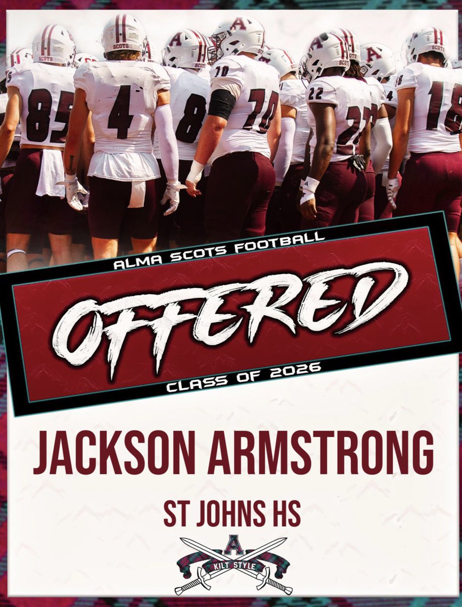 Jackson Armstrong ⭐️OL/DL (@armstrongjack26) on Twitter photo After a great camp and conversation with <a href="/Coach_OGara/">Cooper O’Gara</a> and <a href="/Ryan_Ettinger1/">Ryan Ettinger</a> I’m blessed to receive my 9th offer from <a href="/AlmaScotsFB/">Alma College Football</a>‼️<a href="/CoachCouchAlma/">Jason Couch</a> #AGTG #D3 #KILTSTYLE After a great camp and conversation with <a href="/Coach_OGara/">Cooper O’Gara</a> and <a href="/Ryan_Ettinger1/">Ryan Ettinger</a> I’m blessed to receive my 9th offer from <a href="/AlmaScotsFB/">Alma College Football</a>‼️<a href="/CoachCouchAlma/">Jason Couch</a> #AGTG #D3 #KILTSTYLE