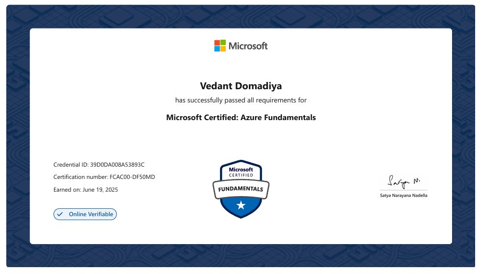 VedantDomadiya's tweet image. Adding Microsoft Azure AZ-900 certificate to my resume! 🎯
Plot twist: I now have the cloud trifecta - AWS ✅ GCP ✅ Azure ✅
Pro tip: When people ask "Which cloud is best?" I can now confidently say "It depends" and actually mean it
#Azure #AZ900 #CloudCertified #MultiCloud