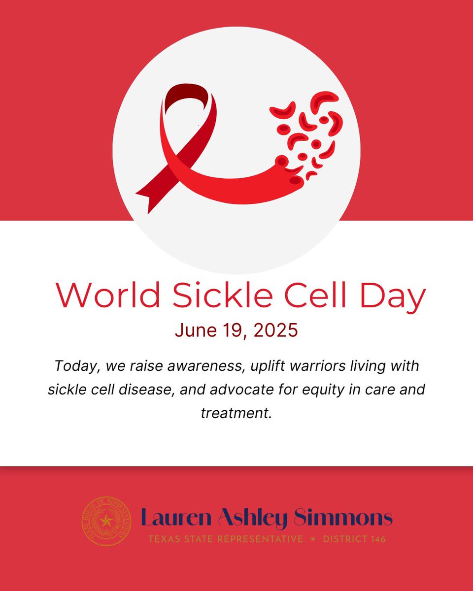 🩸 On #WorldSickleCellDay, we uplift the voices of those living with sickle cell &amp; recommit to health equity.

I’m honored to champion legislation that expands care, funds research &amp; addresses disparities in Black &amp; brown communities.
#TXLege #HealthEquity #SickleCellAwareness