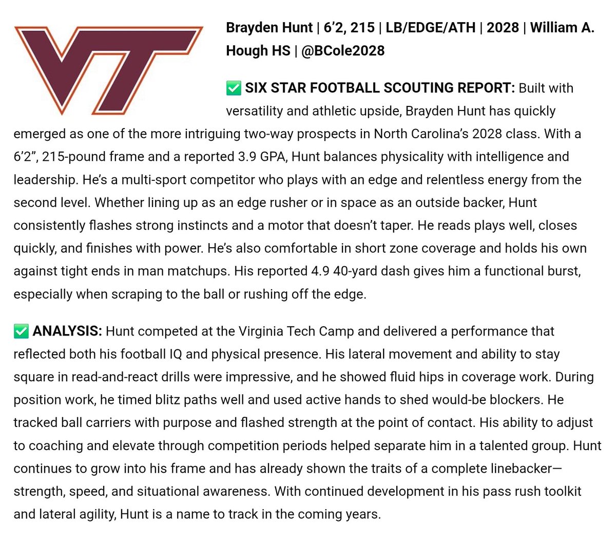 Brayden Hunt (@bcole2028) on Twitter photo Thank you <a href="/sixstarfootball/">Six Star Football | PLUS+</a> for the write-up and analysis. Continuing to get better and back in the lab with <a href="/willbradleysp/">Will Bradley Sports Performance</a> today to take it to the next level. <a href="/DeShawnBaker6/">Bakerboy21</a> <a href="/SC_DBGROUP/">SC DB's</a> <a href="/CoachByrd_/">Jamelle Byrd</a> #RuleOf100Hours #AllGasNoBrakes Thank you <a href="/sixstarfootball/">Six Star Football | PLUS+</a> for the write-up and analysis. Continuing to get better and back in the lab with <a href="/willbradleysp/">Will Bradley Sports Performance</a> today to take it to the next level. <a href="/DeShawnBaker6/">Bakerboy21</a> <a href="/SC_DBGROUP/">SC DB's</a> <a href="/CoachByrd_/">Jamelle Byrd</a> #RuleOf100Hours #AllGasNoBrakes