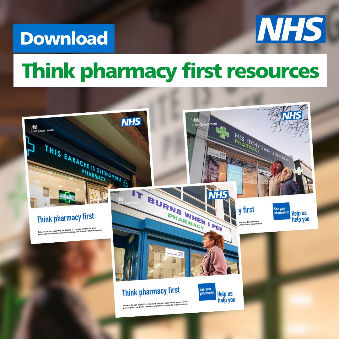 Think Pharmacy First campaign materials are available to download for General Practice and Community Pharmacy teams to increase the public's awareness of the breadth of support community pharmacists can offer to patients on their doorstep. 
campaignresources.dhsc.gov.uk/campaigns/help…