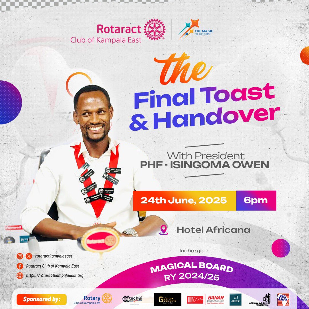 Rotaract Club of Kampala East (@rctkampalaeast) on Twitter photo Join us as we celebrate the achievements of the Magical Board RY 2024/25 & transition as we welcome the Unity Board <a href="/HotelAfricana/">Hotel Africana</a>
Featuring MP <a href="/newocamp/">Uncle_Owen</a> PHF
Y’all invited for the last dance 💃 🪩 🕺 don’t miss networking vibes & Inshallah
#TheGreatLakers
#KampalaEast Join us as we celebrate the achievements of the Magical Board RY 2024/25 & transition as we welcome the Unity Board <a href="/HotelAfricana/">Hotel Africana</a>
Featuring MP <a href="/newocamp/">Uncle_Owen</a> PHF
Y’all invited for the last dance 💃 🪩 🕺 don’t miss networking vibes & Inshallah
#TheGreatLakers
#KampalaEast