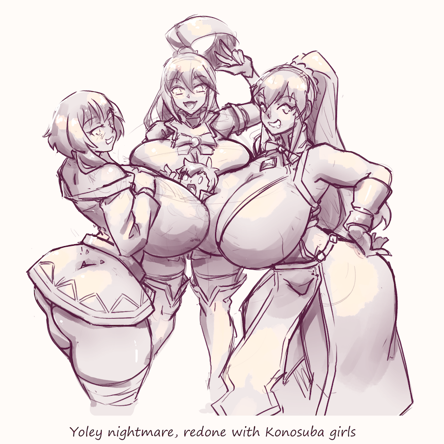 redoing a old idea of mine but with the Konosuba girls gone huge and chibi Kazuma
Sketch suggestion by one of my supporters at 🅿️/📩⭐️