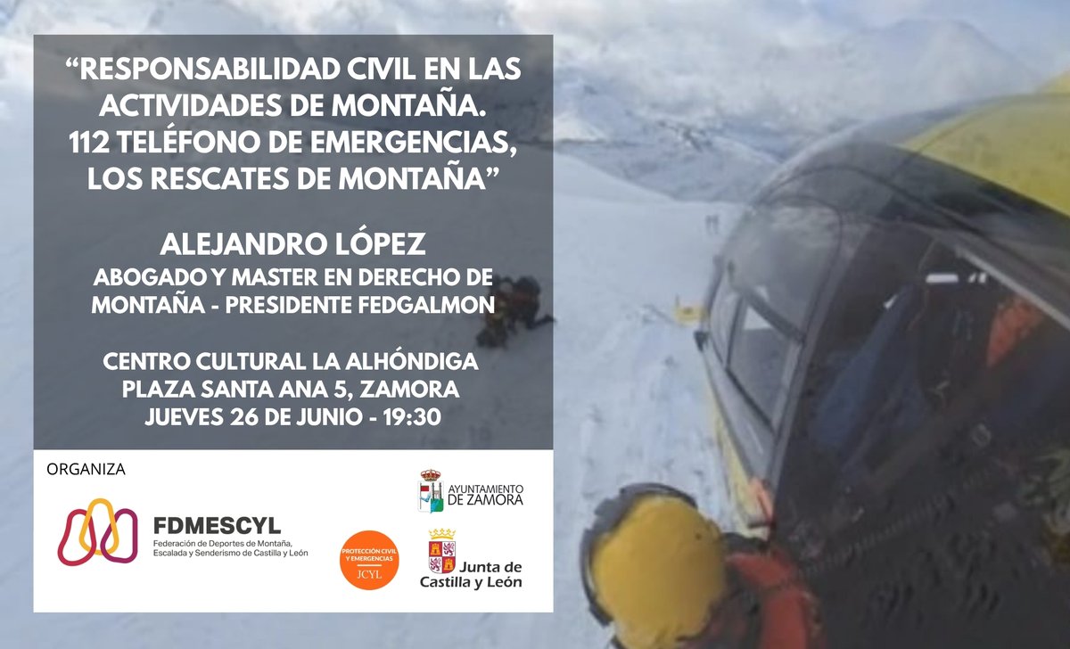 El jueves 26 de junio (19:30) Alejandro López, abogado y master en derecho de montaña y presidente de la <a href="/fgdemontana/">Federación Galega de Montañismo</a> estará en #Zamora con la charla destinada a los clubes sobre "Responsabilidad civil en las actividades de montaña"  ⛰🚁📞
