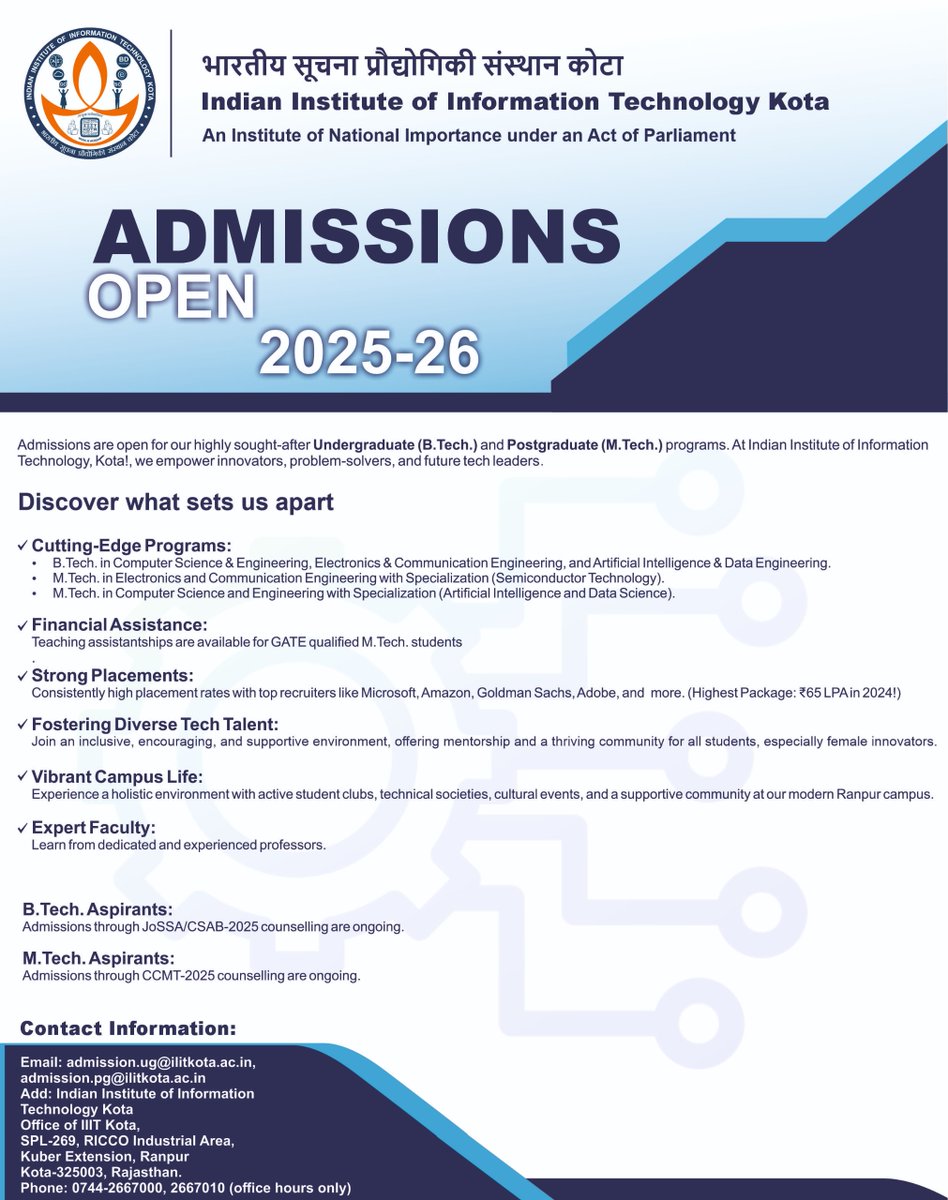 📢Admissions are ongoing through JoSAA/CSAB-2025 for B.Tech. aspirants and through CCMT-2025 for M.Tech. aspirants. 

#IIIT #admissions #womenintech #highereducation

<a href="/EduMinOfIndia/">Ministry of Education</a> 
<a href="/PIB_India/">PIB India</a>