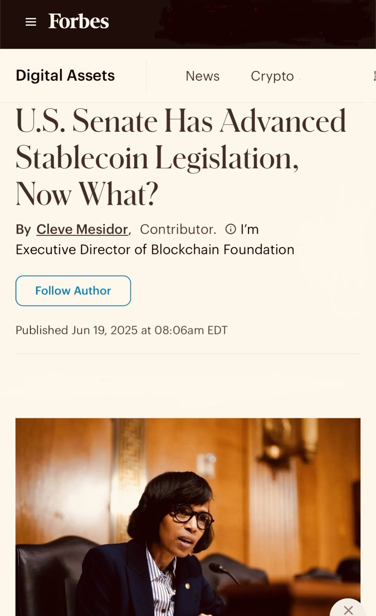 cmesi's tweet image. 🗞️ My latest @ForbesCrypto article focuses on leadership of @Sen_Alsobrooks & @SenRubenGallego in bipartisan Senate GENIUS Act vote. I dive into what’s next in the House after President called for a clean bill with “no delays, no add ons” yesterday.
Read:
forbes.com/sites/digital-…