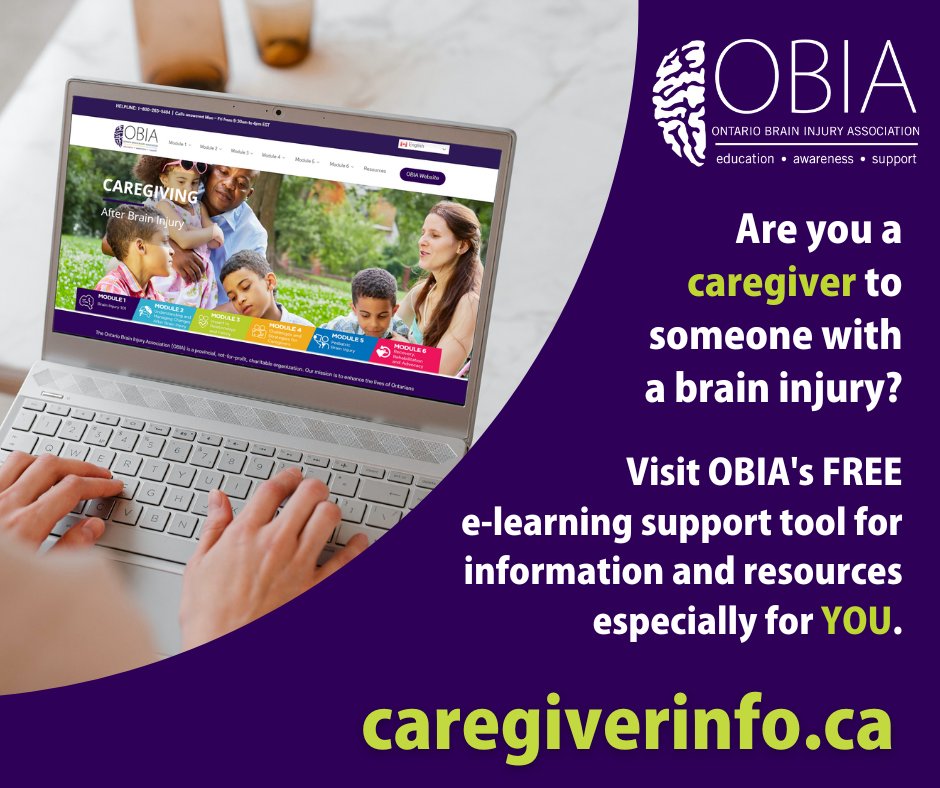 💻OBIA offers a FREE e-learning Support Tool to help caregivers gain more understanding about #braininjury and feel more confident about caring for their loved ones. 

The e-learning tool contains 6 modules &amp; resources to assist you ➡️caregiverinfo.ca

#OBIACanHelp