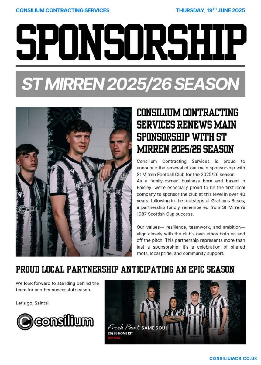 Consilium Sponsors Corner (@sponsorscorner) on Twitter photo ⚫⚪ Proud to Sponsor St Mirren FC 2025/26 ⚽
Consilium Contracting Services & Consilium Plumbing & Heating are honoured to be main sponsors of <a href="/saintmirrenfc/">St Mirren FC</a> this season—rooted in Paisley, supporting our community.
🏠 From pitch to plumbing, to all types Multi-Trade and beyond ⚫⚪ Proud to Sponsor St Mirren FC 2025/26 ⚽
Consilium Contracting Services & Consilium Plumbing & Heating are honoured to be main sponsors of <a href="/saintmirrenfc/">St Mirren FC</a> this season—rooted in Paisley, supporting our community.
🏠 From pitch to plumbing, to all types Multi-Trade and beyond