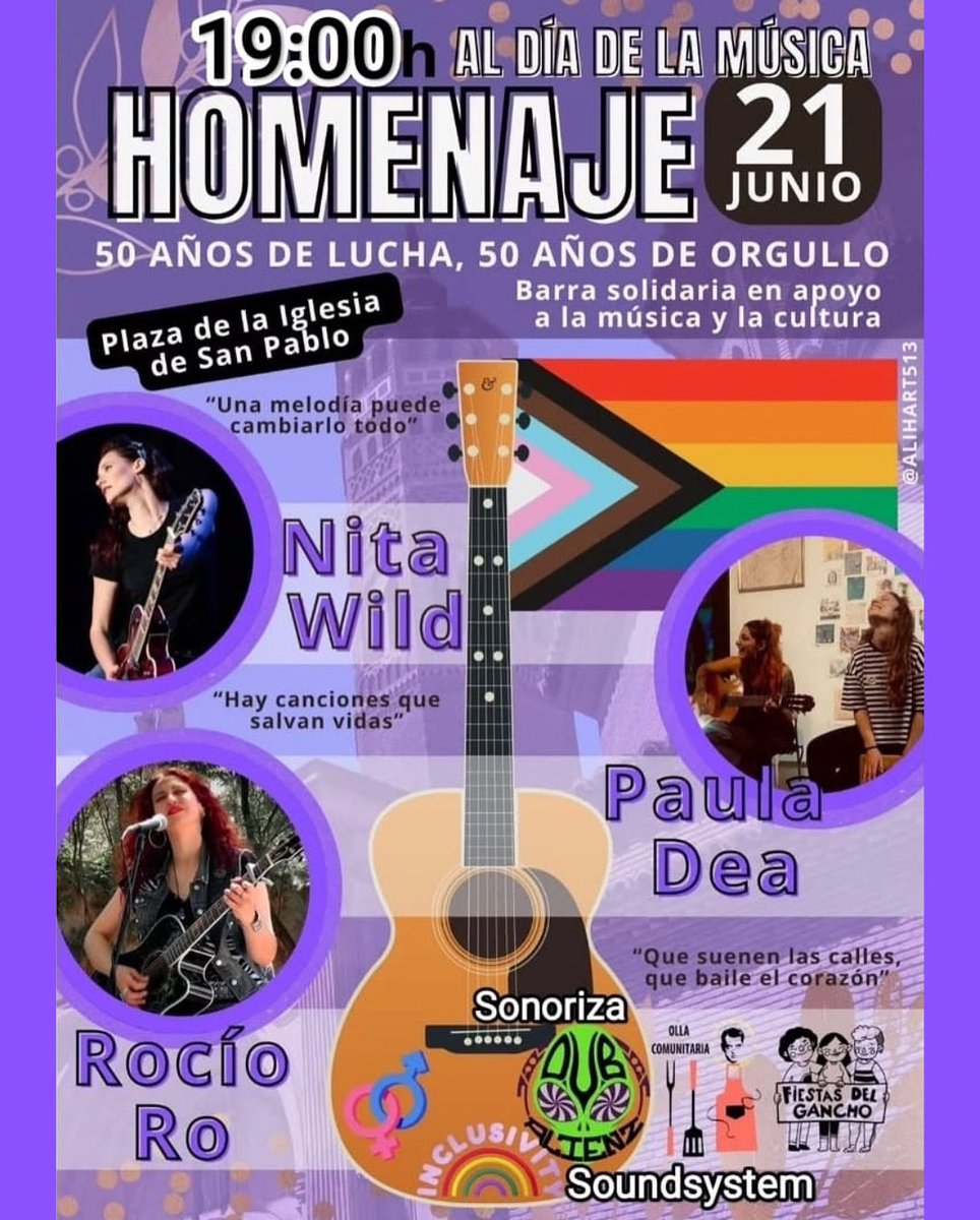 Este sábado celebramos el Día de la Música a partir de las 19.00h en la Plaza de la Iglesia de San Pablo gracias a <a href="/OllaCSCLB/">Olla Comunitaria</a> @nita_wild@paula_dea ,@dub_alienz_soundsystem y <a href="/rocioromusic/">Rocio Ro</a> 
#díadelamúsica #Orgullo2025   #FiestasDelGancho #OllaComunitaria #rocioromusic