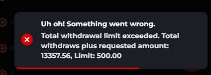 They're holding users funds &amp; giving him no updates whatsoever.

- On April 18, user deposits $700 and gambles like usual, no issues.

- User hits for $12,000 and initiates a withdrawal.

- They hit him with a $500 limit per transaction. Out of nowhere