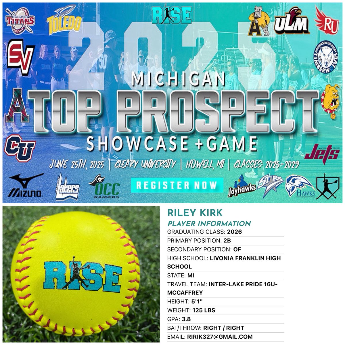 2026 Riley Kirk (Livonia Franklin HS &amp; Inter-Lakes Pride) has been added to the roster!
-
#whosnext? #Mizuno  #getnoticed
-
ONE WEEK AWAY, Register NOW➡️ form.jotform.com/91816225029153