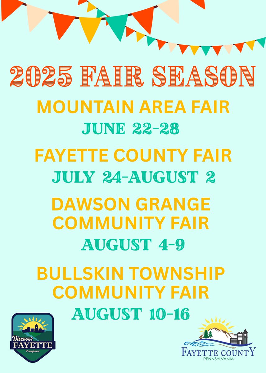 FayetteCoPA's tweet image. 📢🎉 Fair season is about to kick off in #FayetteCoPA! Details ⬇️.

🎟️ Mountain Area Fair: June 22-28
🍀 Fayette County Fair: July 24-August 2
🎪 Dawson Grange Community Fair: August 4-9
🎡 Bullskin Township Community Fair: August 10-16

#DiscoverFayette #FairSeason